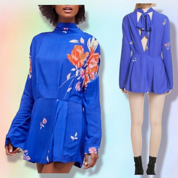 Free People Dress XS Gemma‎ Long Sleeve Mini Blue Floral tie neck  bloomcore - Picture 1 of 9
